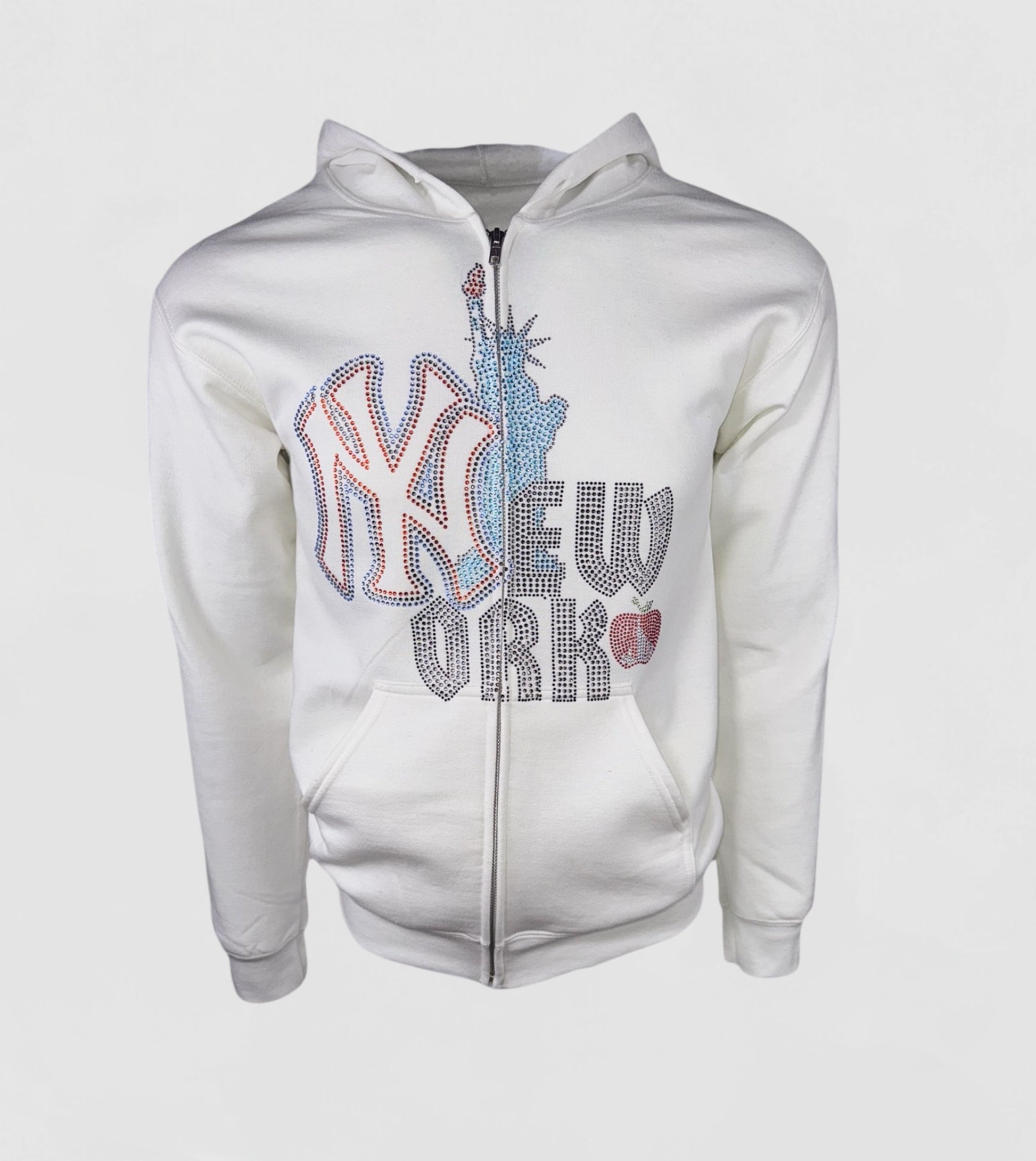 NEW YORK RHINESTONE ZIP UP IN WHITE