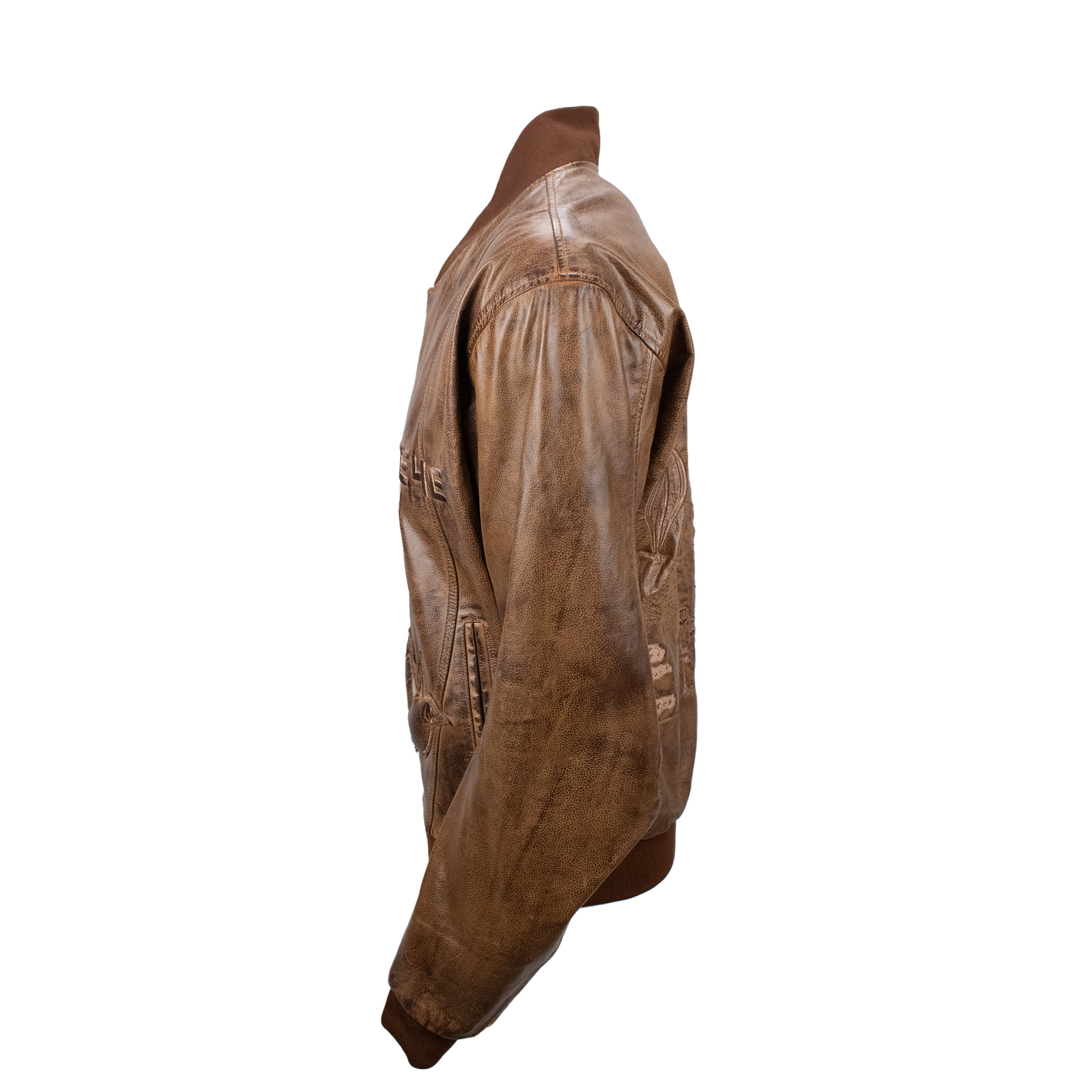 RUSTED LEATHER VARSITY JACKET IN BROWN