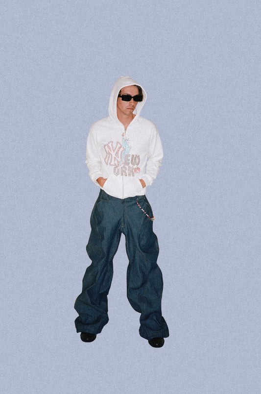 NY RHINESTONE HEAVY  WEIGHT  HOODIE IN WHITE
