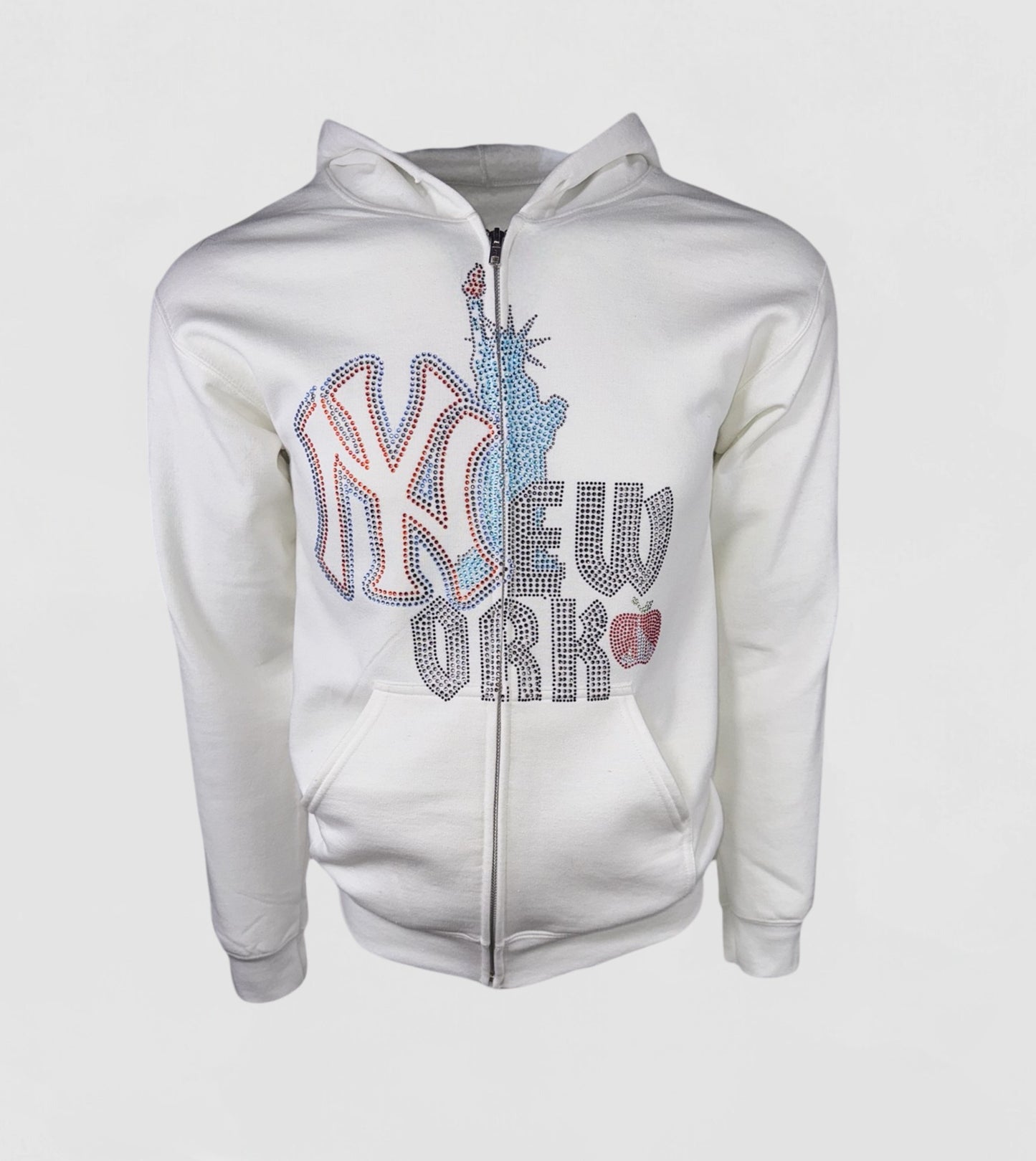 NEW YORK RHINESTONE ZIP UP IN WHITE