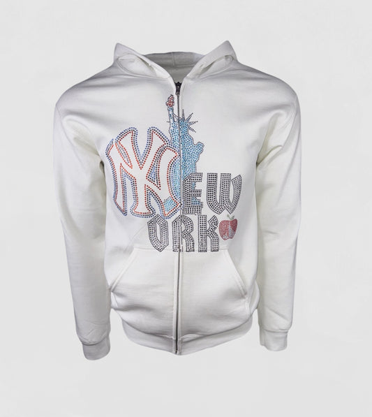 NEW YORK RHINESTONE ZIP UP IN WHITE