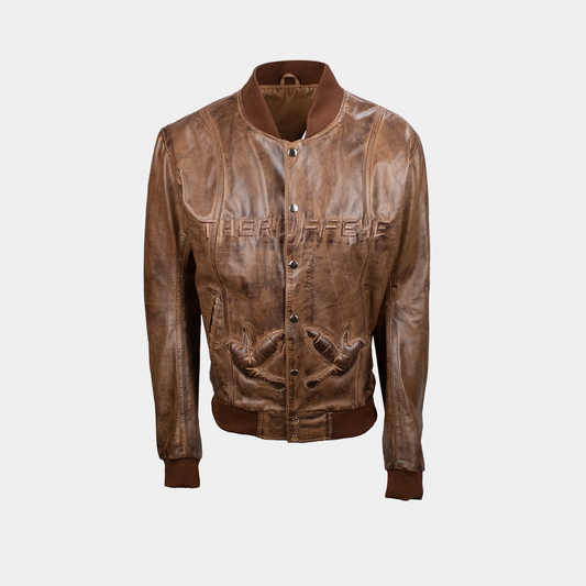 RUSTED LEATHER VARSITY JACKET IN BROWN